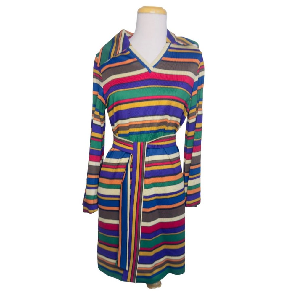 Sunny South Fashions of Dallas Striped Silk Knit Dress Vintage 1970s Rainbow - Picture 1 of 12